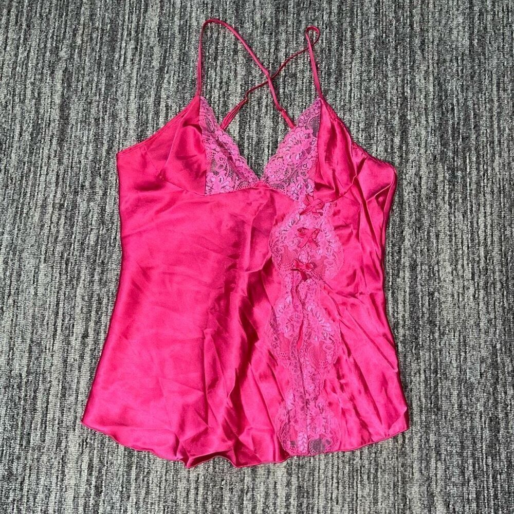 Vintage Shirley of Hollywood Size Large Top Pink Lace Split Front Bows Coquette